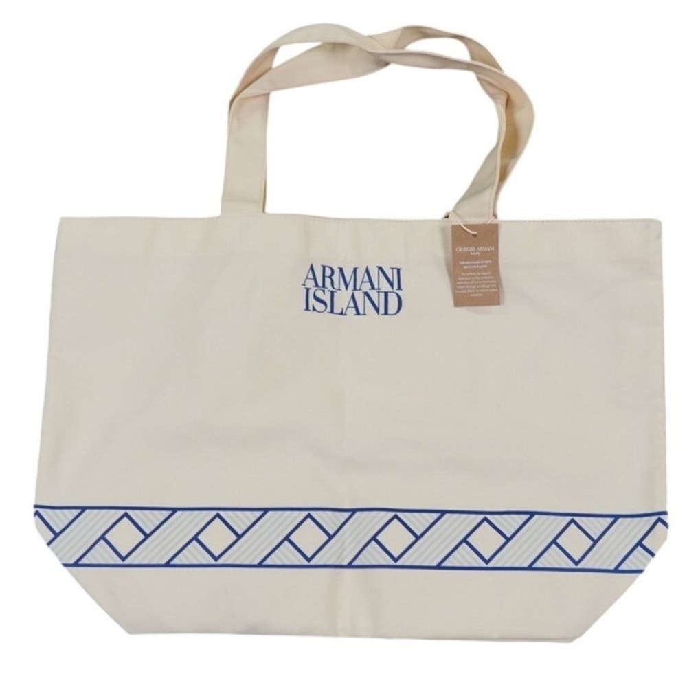 Giorgio Armani Tote Bag Womens Large Cream Blue Armani Island Canvas New Beauty